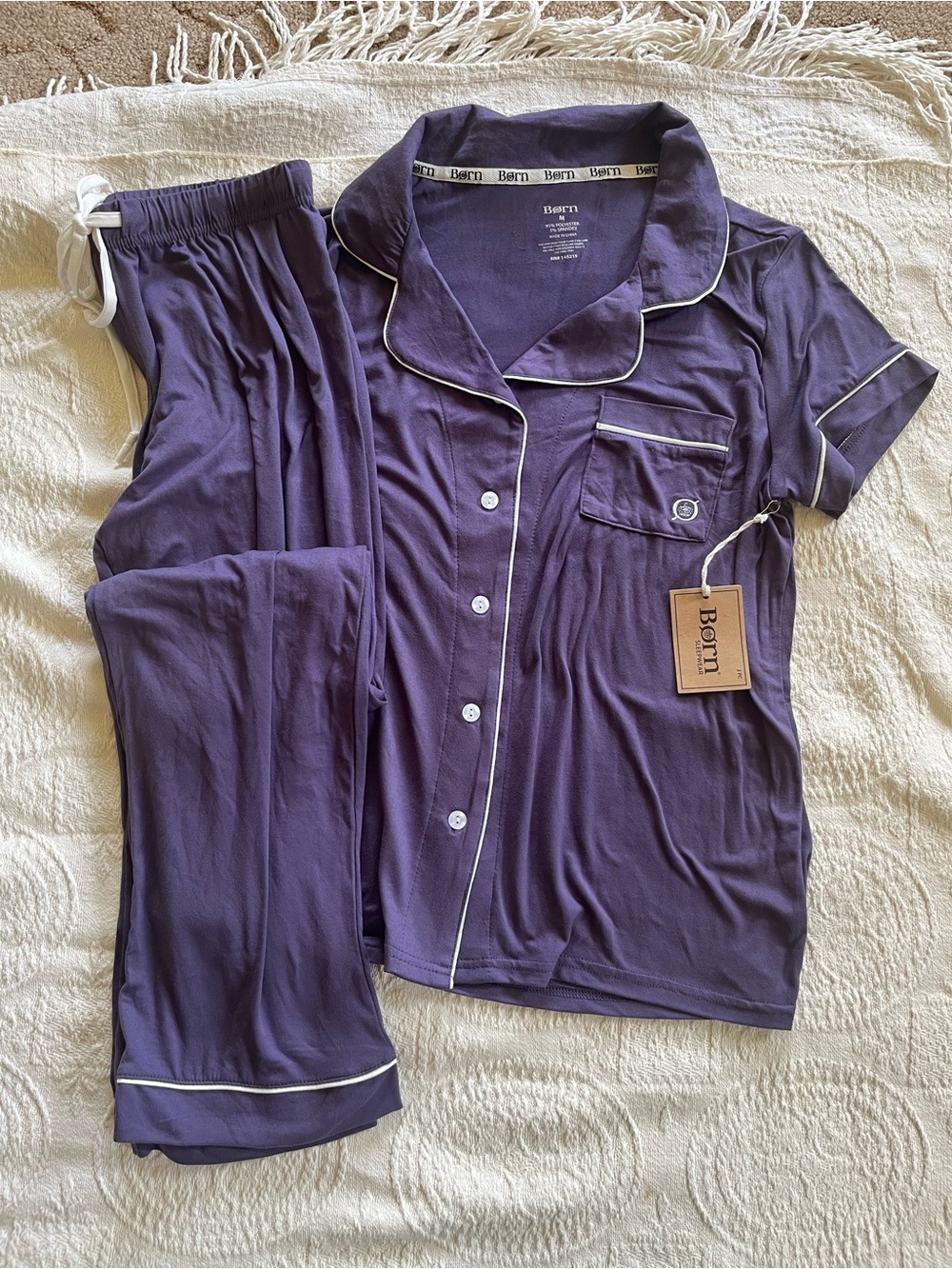 Born Sleepwear NWT Purple Short-Sleeve Pajama Set with White Piping M